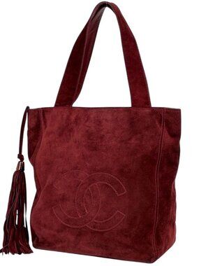 Chanel CC Logo Fringe Tote Tassel Shoulder Bag Suede Red